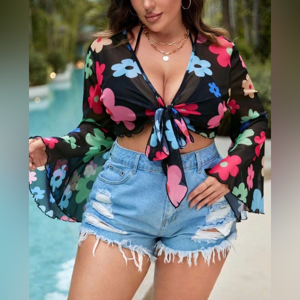 SHEIN Black Floral Blouse with Tie Front